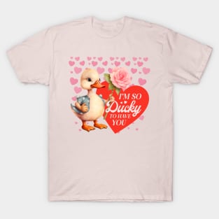 Illustration of Duck Holding a Flower Vintage Style - Valentine's Art - Valentine's Gift T-Shirt